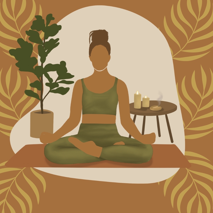 Illustration of a woman meditating on a terracotta mat beside a fiddle-leaf plant and candles