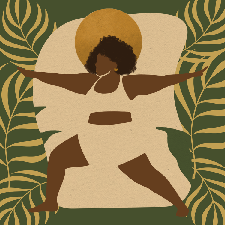Illustration of a confident woman in warrior pose framed by golden palm leaves