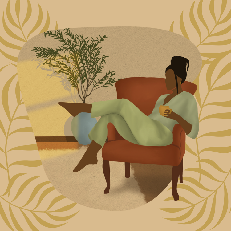 Illustration of a woman relaxing in a terracotta armchair with a cup of tea