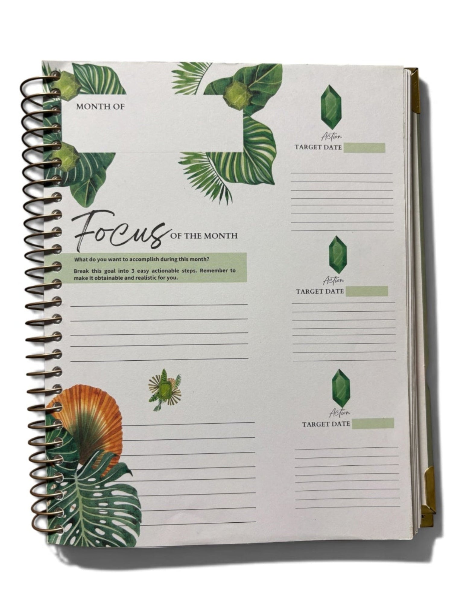 A spiral-bound planner or agenda with a tropical leaf print cover, shown open on a white background. The pages feature a 'Focus of the Month' layout with lined sections and small green leaf illustrations.