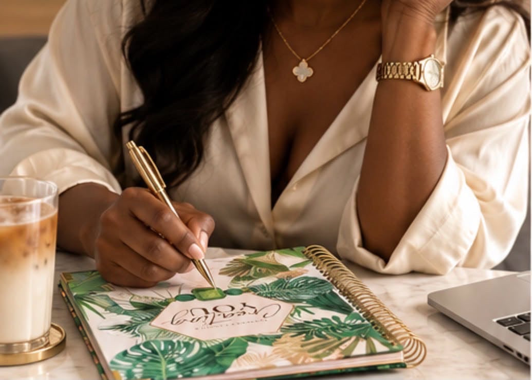 A woman in a cream satin robe writes in a tropical leaf-patterned spiral notebook with a gold pen, sitting at a marble desk with an iced coffee, laptop, and jewelry.